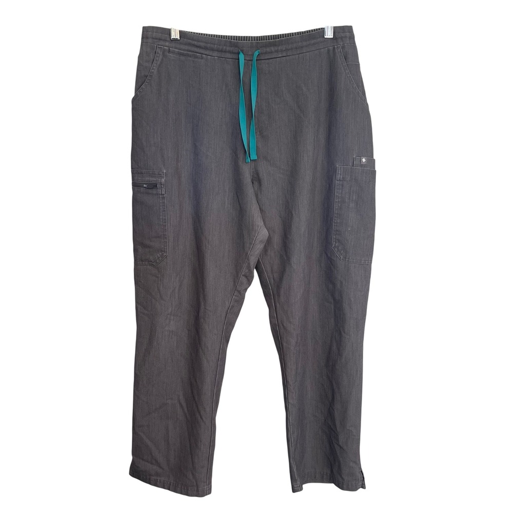 Figs TW2000P Heather Charcoal Grey Cargo Scrub Pants Teal Drawstring Mens XL